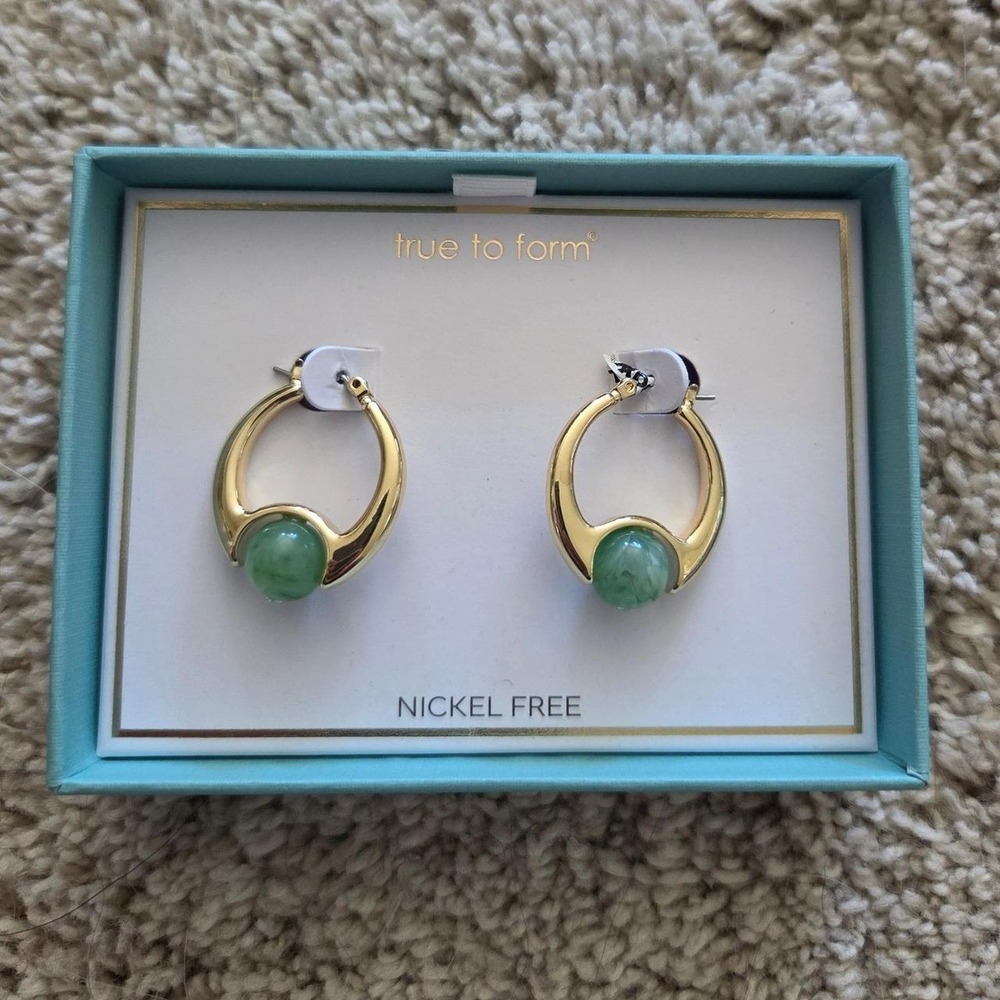 True to Form Hoop Earrings OS Gold Green New Nickel Free Faux Stone Hoops